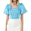 English Factory Smocked Puff Sleeve Top In Aqua