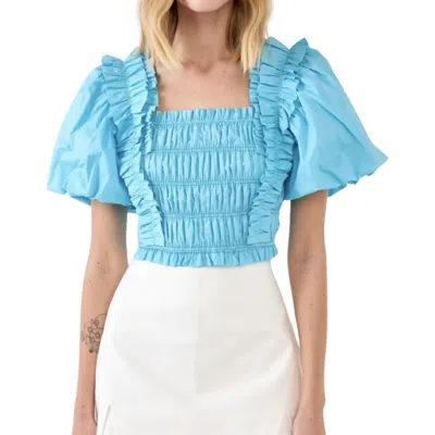 English Factory Smocked Puff Sleeve Top In Aqua
