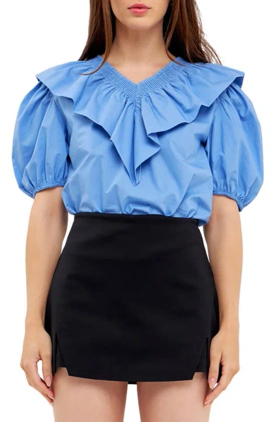 English Factory Smocked Ruffle Puff Sleeve Cotton Blouse In Oxford Blue