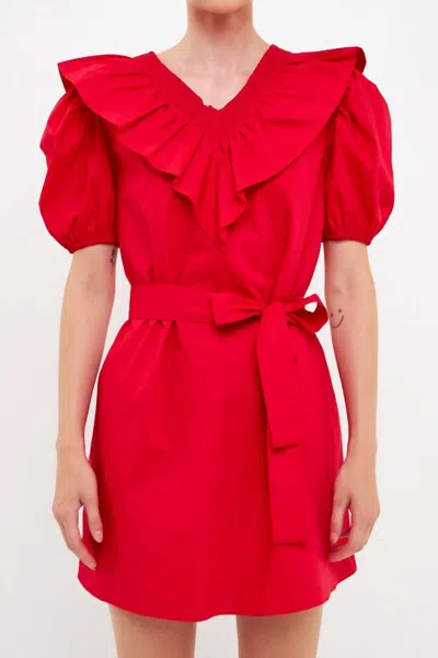 ENGLISH FACTORY SMOCKED RUFFLED MINI DRESS IN CHERRY RED
