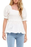 English Factory Smocked Tie Cuff Peplum Top In Ivory