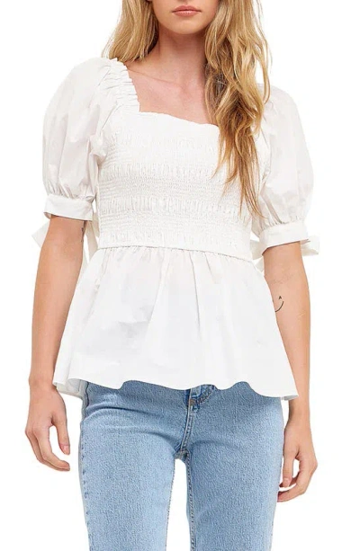 English Factory Smocked Tie Cuff Peplum Top In Ivory