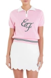 English Factory Sports Club Monogram Embroidered Linen & Cotton Quarter Zip Polo Sweater In Pink