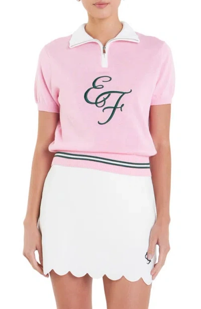 English Factory Sports Club Monogram Embroidered Linen & Cotton Quarter Zip Polo Sweater In Pink