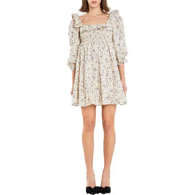 English Factory Square Neck Ruffle Minidress In Cream/purple
