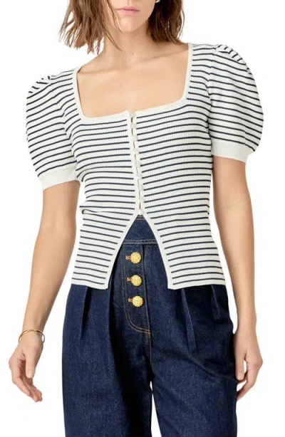 English Factory Square Neck Stripe Button Front Shirt In Navy/white