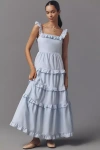 English Factory Square-neck Tiered Ruffle Midi Dress In Blue