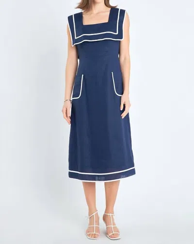 English Factory Sleeveless Linen A-line Dress In Navy/white