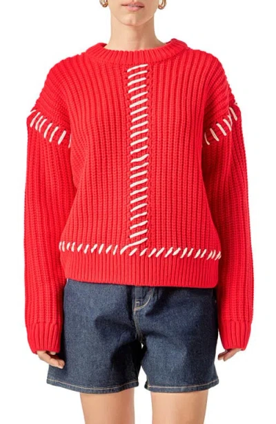 English Factory Stitch Detail Chunky Sweater In Red