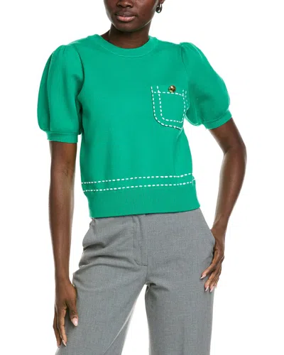 English Factory Stitch Detail Puff Sleeve Knit Top In Green