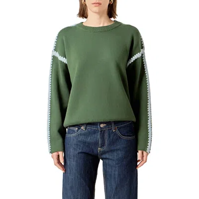 English Factory Stitch Detail Relaxed Fit Cotton Sweater In Green