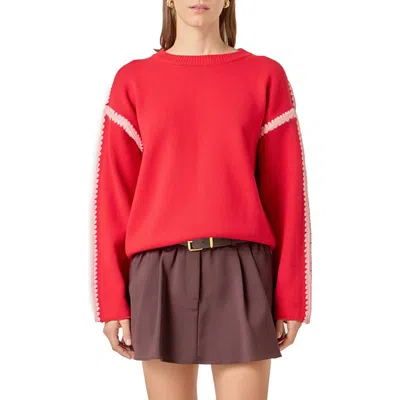 English Factory Stitch Detail Relaxed Fit Cotton Sweater In Red