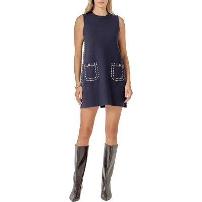 English Factory Stitch Detail Sleeveless Mini Sweater Dress In Blue