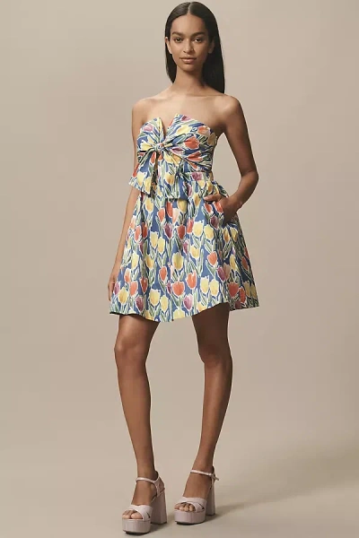 English Factory Strapless Tie-front Cotton Mini Dress In Blue