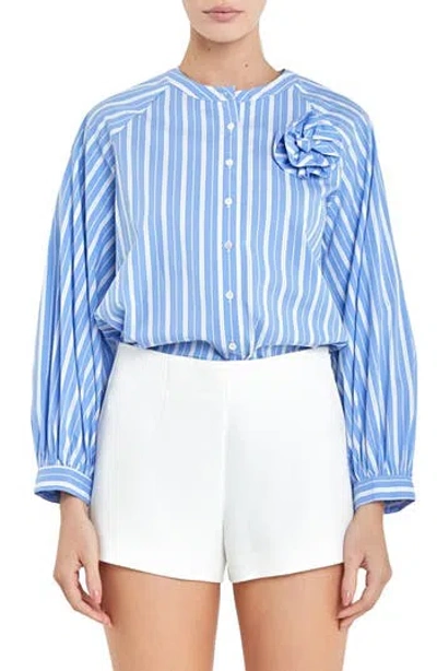 English Factory Stripe 3d Rosette Shirt In Powder Blue