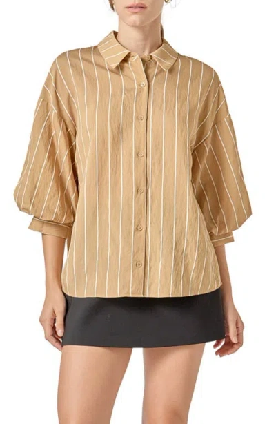 English Factory Stripe Balloon Sleeve Shirt In Brown