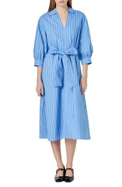 English Factory Stripe Blouson Sleeve Cotton Midi Shirtdress In Blue/yellow