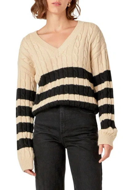 English Factory Stripe Cable Stitch Sweater In Beige/black