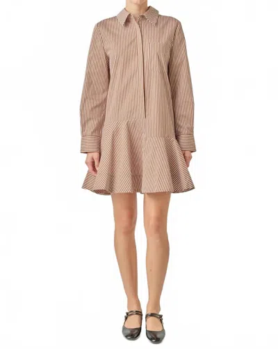 English Factory Stripe Collar Flared Skirt Dress In Beige In Brown