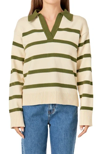 English Factory Stripe Collared Sweater In Cream/olive