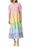 English Factory Stripe Colorblock Tiered Cotton Blend Dress