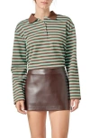 English Factory Stripe Contrast Collar Cotton Blend Henley Sweatshirt In Green
