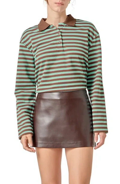 English Factory Stripe Contrast Collar Cotton Blend Henley Sweatshirt In Green