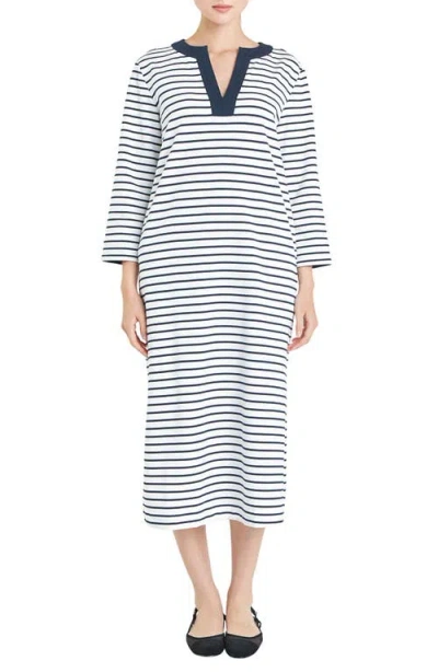 English Factory Stripe Cotton Jersey Shift Dress In White/navy