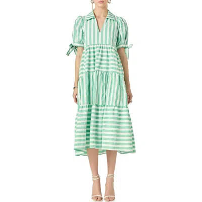 English Factory Stripe Cotton Midi Dress In Green/white