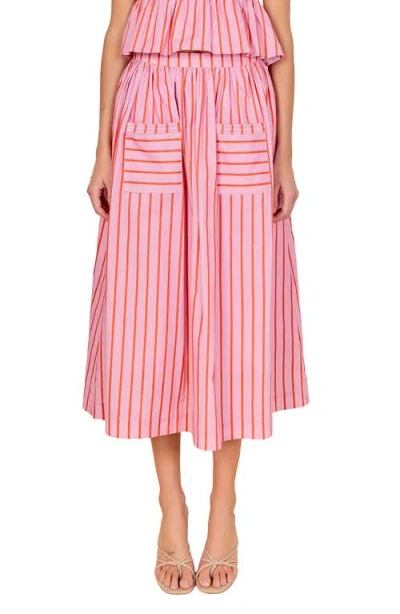 English Factory Stripe Cotton Midi Skirt In Pink