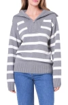 English Factory Stripe Cotton Zip Pullover In Heather Grey/white