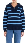 English Factory Stripe Cotton Zip Pullover In Navy/blue