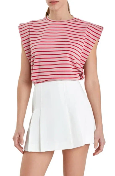 English Factory Stripe Extended Shoulder T-shirt In Pink/ Red