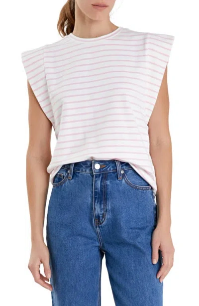 English Factory Stripe Extended Shoulder T-shirt In White/pink