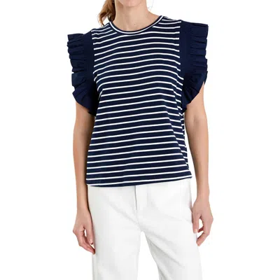 English Factory Stripe Flutter Sleeve T-shirt In Navy/white