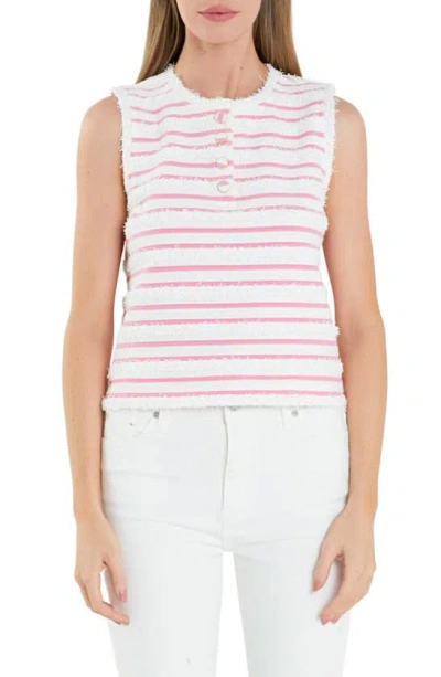 English Factory Stripe Fringe Accent Sleeveless Henley Knit Tank In White/ Pink