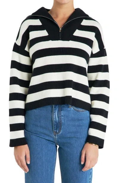 English Factory Stripe Half Zip Crop Sweater In Black/ivory