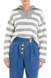 English Factory Stripe Half Zip Crop Sweater In Grey/ivory
