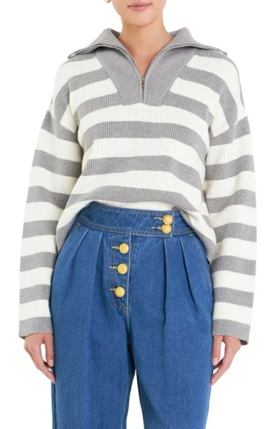 English Factory Stripe Half Zip Crop Sweater In Grey/ivory