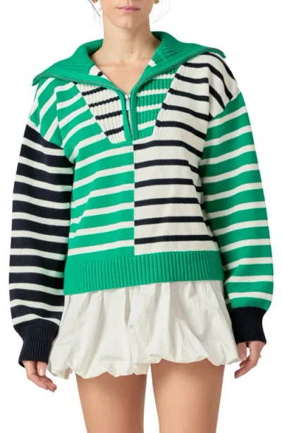English Factory Stripe Half Zip Pullover In Green/navy
