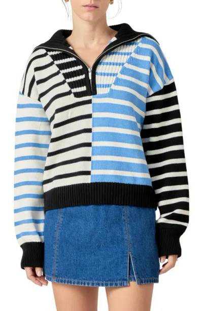English Factory Stripe Half Zip Pullover In Powder Blue/black