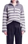 English Factory Stripe Half Zip Sweater In Grey/cream