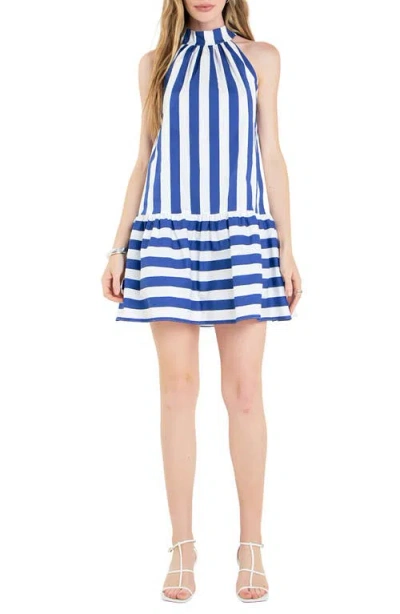 English Factory Stripe Halter Sleeveless Minidress In Blue