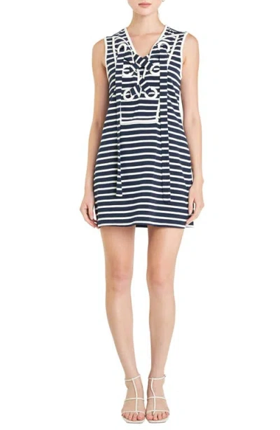 English Factory Stripe Lace-up Shift Dress In Navy/white