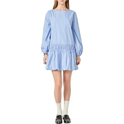 English Factory Stripe Long Sleeve Cotton Blend Minidress In Blue