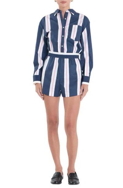 English Factory Stripe Long Sleeve Cotton Romper In Navy/ White