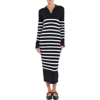 English Factory Stripe Long Sleeve Midi Sweater Dress In Black/off White