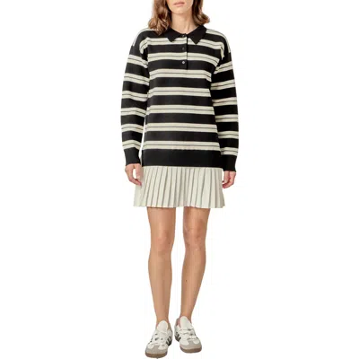 English Factory Stripe Mixed Media Long Sleeve Polo Dress In Black