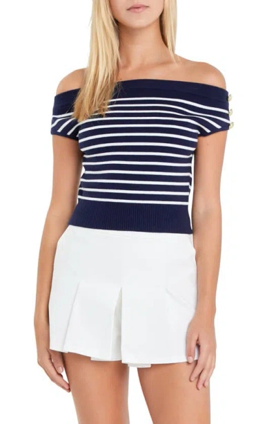 English Factory Stripe Off The Shoulder Jumper In Navy/ White