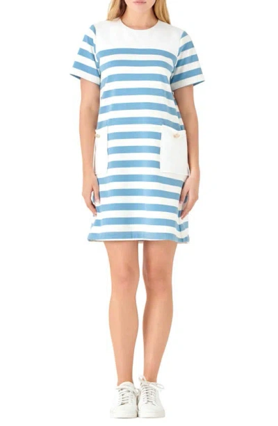 English Factory Striped Dress With Patch Pockets White/blue In Bright Blue